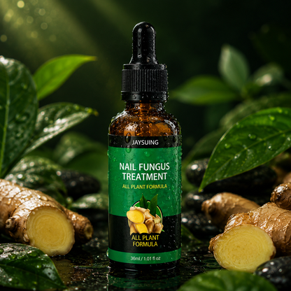 Frasco de tratamiento natural para uñas Polux Shop entre jengibre y hojas