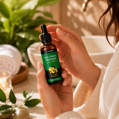 Mujer sosteniendo el frasco en un ambiente de spa natural